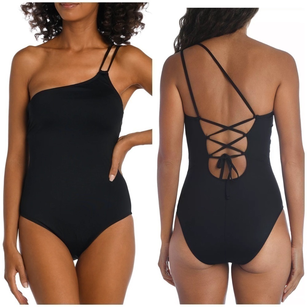 New La Blanca Island Goddess Lace Up Back One Shoulder One Piece Swimsuit Black